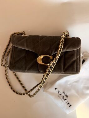 Coach Tabby 20 Quilted Olive Suede Shoulder Bag with Gold Chain